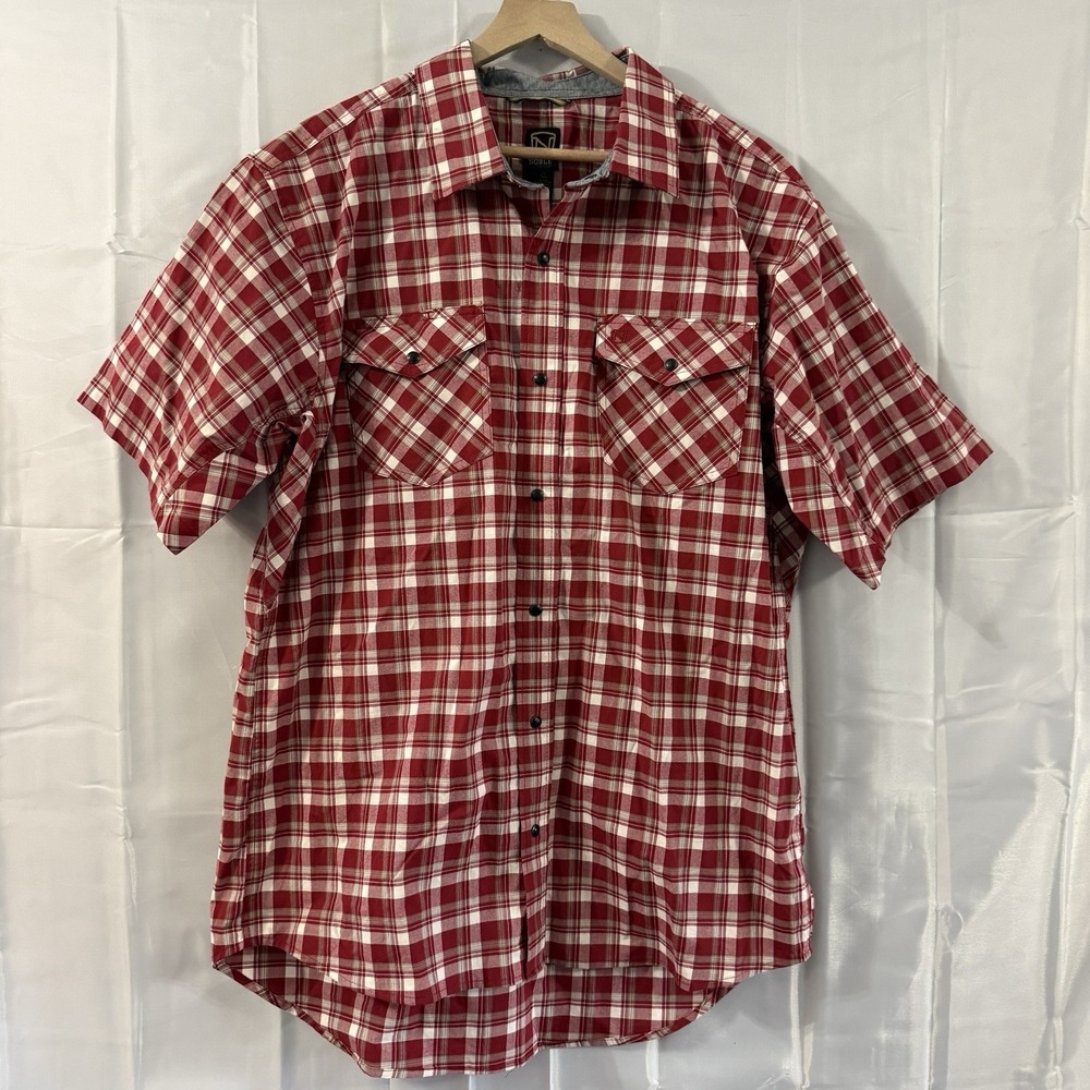 Noble Outfitters Shirt Mens XL Tall Red‎ Blue Plaid Short Sleeve Snap Rockabilly